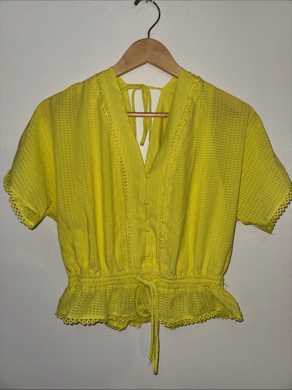 miami Bright Yellow Button-Front Tie-Waist Peasant Top